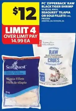 Real Canadian Superstore PC Zipperback Raw Black Tiger Shrimp or Sole Fillets offer