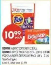 Shoppers Drug Mart Downy fabric softener bounce dryer sheets or tide pods laundry detergent packs offer
