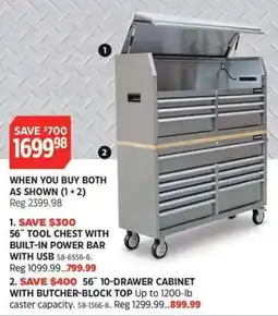 Canadian Tire Tool chest with built-in power bar with usb 56" 10-drawer cabinet with butcher-block top offer