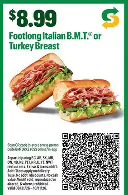 Subway Footlong Italian B.M.T. or Turkey Breast offer