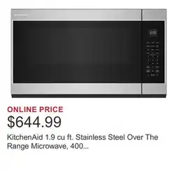Costco KitchenAid 1.9 cu ft. Stainless Steel Over The Range Microwave, 400 CFM offer