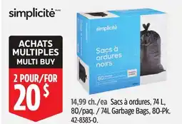 Canadian Tire Simplicité 74L Garbage Bags, 80-Pk offer