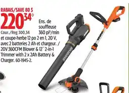 Canadian Tire Worx 20V 360CFM Blower & 12 2-in-1 Trimmer with 2 x 2Ah Battery & Charger offer