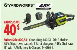 Canadian Tire YARDWORKS 48V Chainsaw, 16 with 4Ah Battery & Charger offer