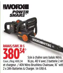Canadian Tire Worx 40V Nitro Brushless Chainsaw, 16 with 2 x 2Ah Batteries & Charger offer