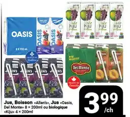 Pasquier Jus, Boisson Allens, Jus Oasis, Del Monte 8 × 200ml ou biologique Kiju 4 × offer