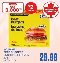 Wholesale Club No Name beef burgers offer