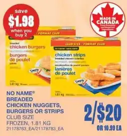 Wholesale Club No Name breaded chicken nuggets, burgers or strips offer