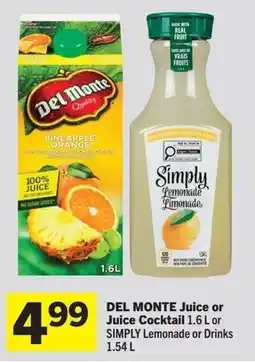 IGA Del Monte Juice or Juice Cocktail 1.6 L or Simply Lemonade or Drinks 1.54 L offer