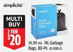 Canadian Tire Simplicite 74L Garbage Bags offer