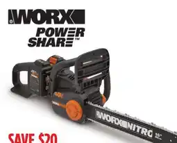 Canadian Tire WORX POWER SHARE 40V Nitro Brushless Chainsaw, 16 with 2 x 2Ah Batteries & Charger offer