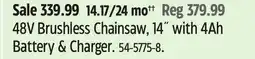 Canadian Tire Yardworks 48V Brushless Chainsaw, 14 with 4Ah Battery & Charger offer