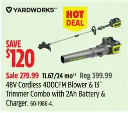 Canadian Tire Yardworks 48V Cordless 400CFM Blower & 13˝ Trimmer Combo with 2Ah Battery & Charger offer