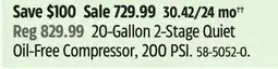 Canadian Tire 20-Gallon 2-Stage Quiet Oil-Free Compressor, 200 PSI offer