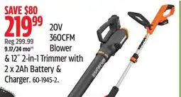 Canadian Tire Worx 20V 360CFM Blower & 12 2-in-1 Trimmer with 2 x 2Ah Battery & Charger offer