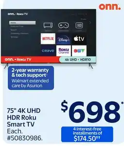 Walmart 75 4K UHD HDR Roku Smart TV offer