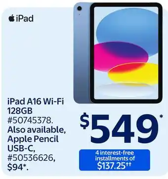 Walmart iPad A16 Wi-Fi 128GB offer