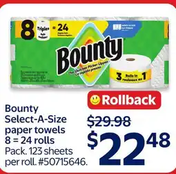Walmart Bounty Select—A-Size paper towels 8 = 24 rolls offer