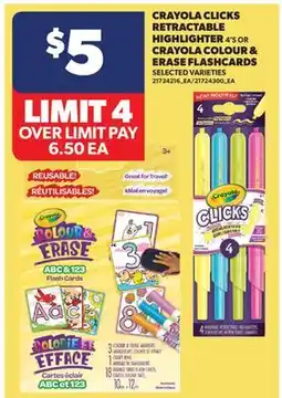 Real Canadian Superstore CRAYOLA CLICKS RETRACTABLE HIGHLIGHTER 4'S OR CRAYOLA COLOUR & ERASE FLASHCARDS offer