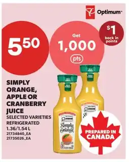Real Canadian Superstore SIMPLY ORANGE, APPLE OR CRANBERRY JUICE, 1.36/1 offer