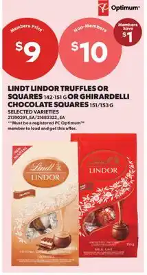 Real Canadian Superstore LINDT LINDOR TRUFFLES OR SQUARES, 142-151 G OR GHIRARDELLI CHOCOLATE SQUARES, 151/153 G offer