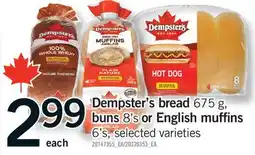 Fortinos DEMPSTER'S BREAD, 675 G, BUNS, 8'S OR ENGLISH MUFFINS, 6'S offer