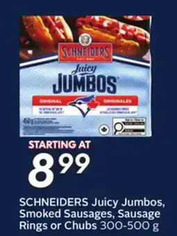 Sobeys Juicy Jumbos, Smoked Sausages, Sausage Rings or Chubs offer
