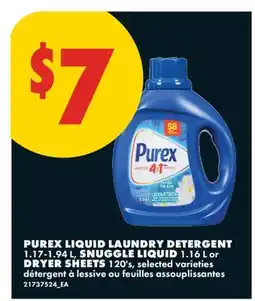 No Frills PUREX LIQUID LAUNDRY DETERGENT, 1.17-1.94 L, SNUGGLE LIQUID, 1.16 L or DRYER SHEETS, 120's offer
