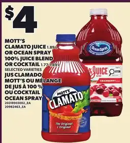 Independent Grocer MOTT'S CLAMATO JUICE, 1.89 L OR OCEAN SPRAY 100% JUICE BLEND OR COCKTAIL offer