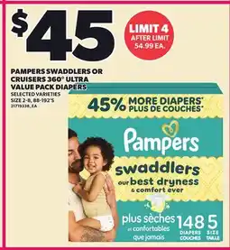 Loblaws PAMPERS SWADDLERS OR CRUISERS 360° ULTRA VALUE PACK DIAPERS, SIZE 2-8, 88-192'S offer