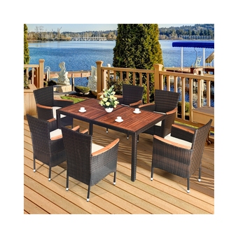Best Buy Costway 7-Piece Modern Classic Rattan Patio Dining Set w/ Large Acadia Wood Table & 6 Stackable Cushioned Wicker Chairs (7pcs offer