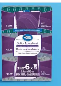 Walmart Great Value 3-ply facial tissues offer