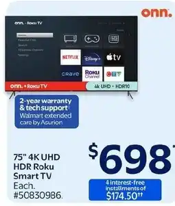 Walmart onn. 75" 4k uhd hdr roku smart tv offer