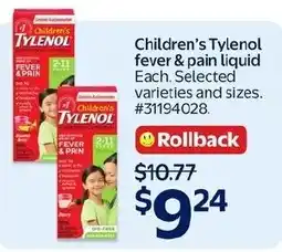 Walmart Children's Tylenol fever & pain liquid offer