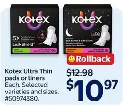 Walmart Kotex Ultra Thin pads or liners offer