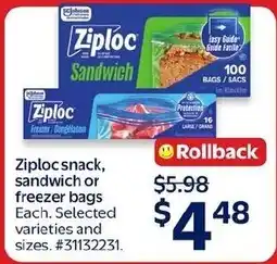Walmart Ziploc snack, sandwich or freezer bags offer
