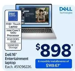 Walmart Dell 16" Entertainment laptop offer