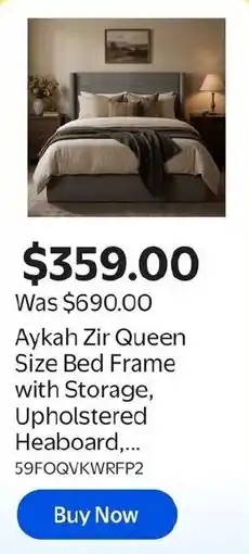 Walmart Aykah Zir Queen Size Bed Frame with Storage, Upholstered Heaboard offer