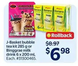 Walmart J-Basket bubble tea kit 285 g or Binggrae milk drink 6 x 200 mL offer
