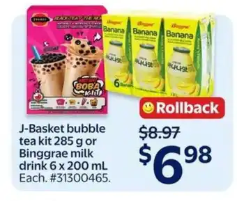 Walmart J-Basket bubble tea kit 285 g or Binggrae milk drink 6 x 200 mL offer