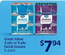 Walmart Great Value 2-ply or 3-ply facial tissues offer