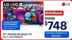 Walmart LG 75" UA7500 4K Smart TV offer