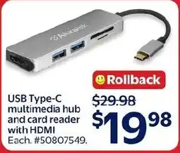 Walmart Aluratek USB Type-C multimedia hub and card reader with HDMI offer