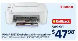 Walmart PIXMA TS3720 Wireless All-in-One Printer offer