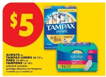 No Frills ALWAYS or TAMPAX LINERS, PADS, TAMPONS offer
