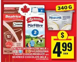 Food Basics Lactantia PurFiltre Milk 2L, Philadelphia Cream Cheese Product 340g, Beatrice Chocolate Milk 2L offer