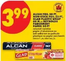 No Frills Alcan foil 50 ft, glad plastic wrap 25 ft, reynolds parchment paper 35 ft offer