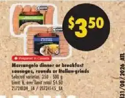 No Frills Marsangelo dinner or breakfast sausages, rounds or Italian-grinds offer
