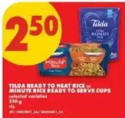 No Frills Tilda ready to heat rice or minute rice ready to serve cups offer
