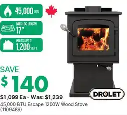 Kent Drolet 45,000 BTU Escape 1200W Wood Stove offer
